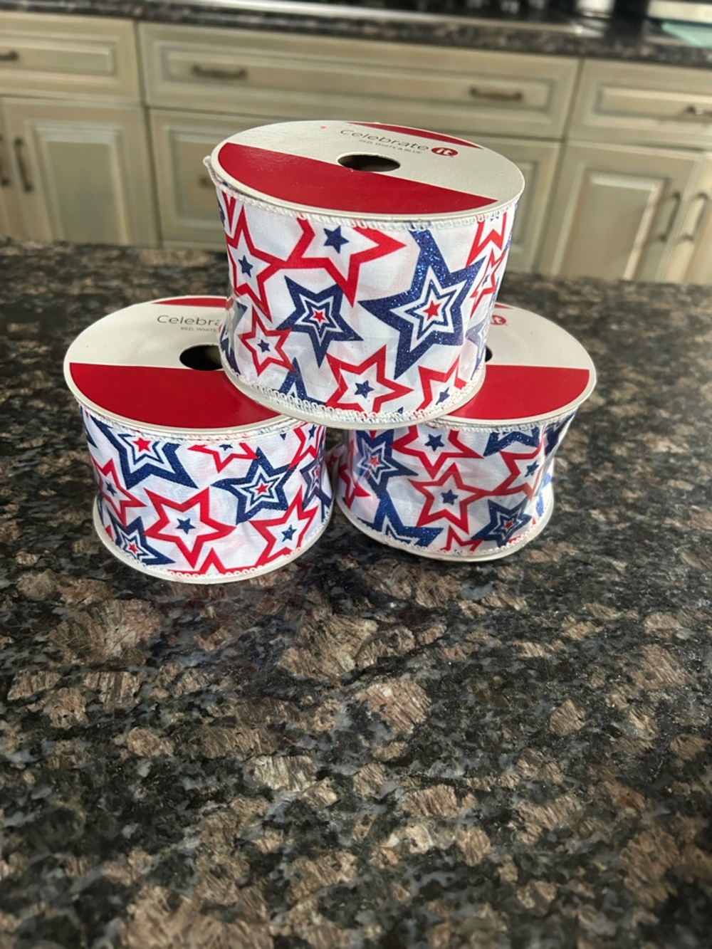 CELEBRATE IT PATRIOTIC STAR WIRED RIBBON /RED, WHITE-& BLUE RIBBON LOT  OF 3 NWT